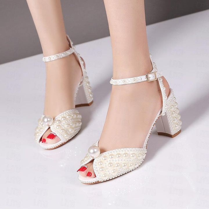 Women's Wedding Shoes PU Sandals with Imitation Pearl Closed Toe Pointed Toe Stiletto High Heel Wedding Heels Bridal Shoes