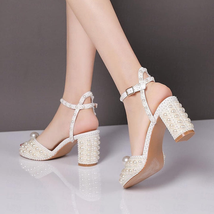 Women's Wedding Shoes PU Sandals with Imitation Pearl Closed Toe Pointed Toe Stiletto High Heel Wedding Heels Bridal Shoes