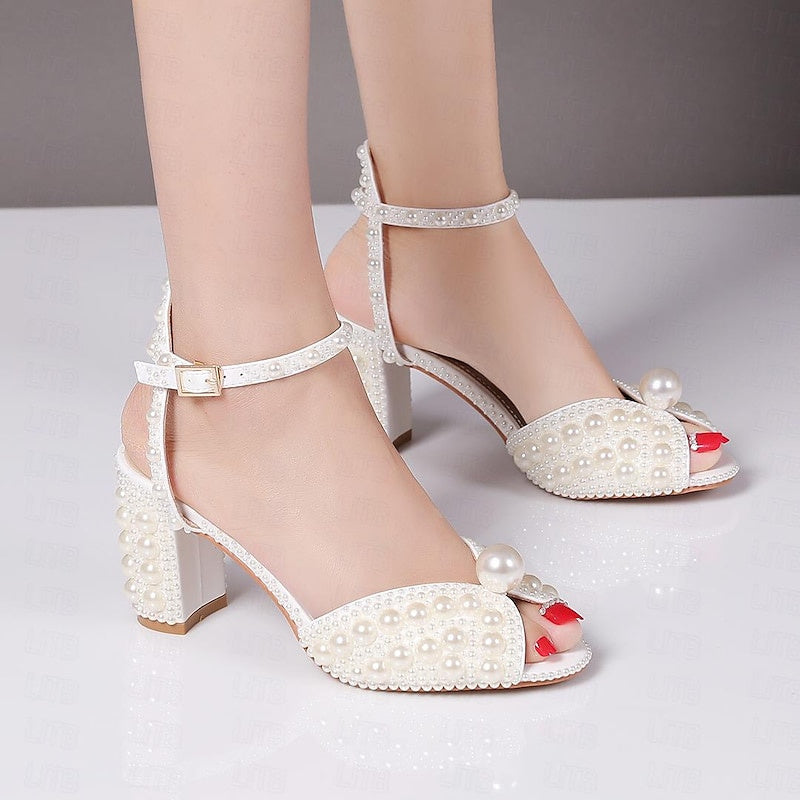 Women's Wedding Shoes PU Sandals with Imitation Pearl Closed Toe Pointed Toe Stiletto High Heel Wedding Heels Bridal Shoes