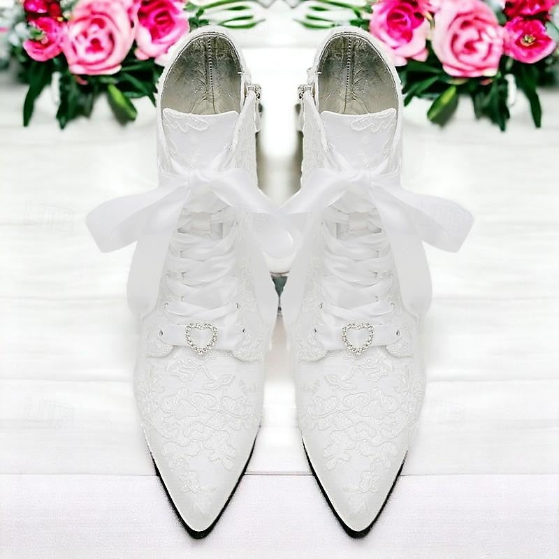 Women's Wedding Shoes Satin Flower Kitten Heel Stiletto Pointed Toe Wedding Heels Bridal Shoes