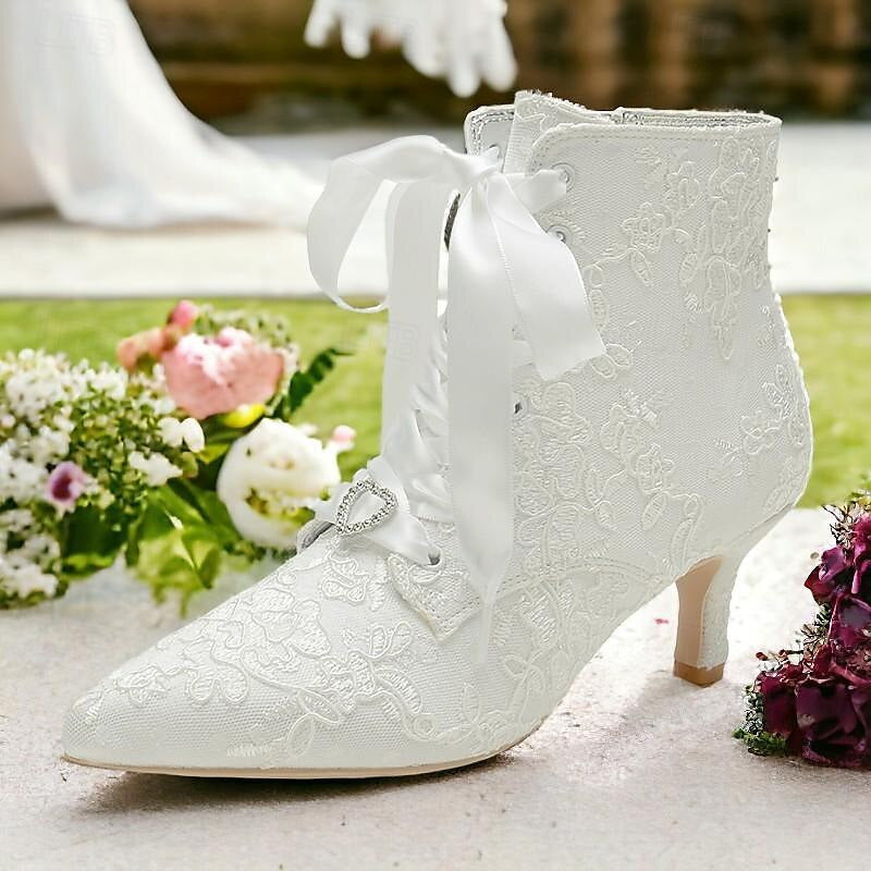 Women's Wedding Shoes Satin Flower Kitten Heel Stiletto Pointed Toe Wedding Heels Bridal Shoes