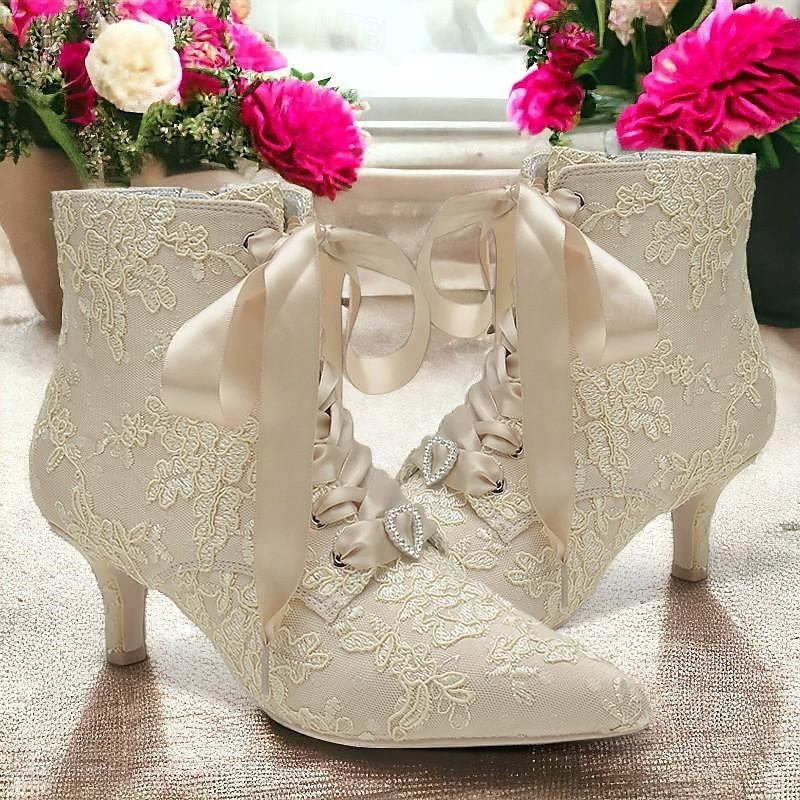 Women's Wedding Shoes Satin Flower Kitten Heel Stiletto Pointed Toe Wedding Heels Bridal Shoes