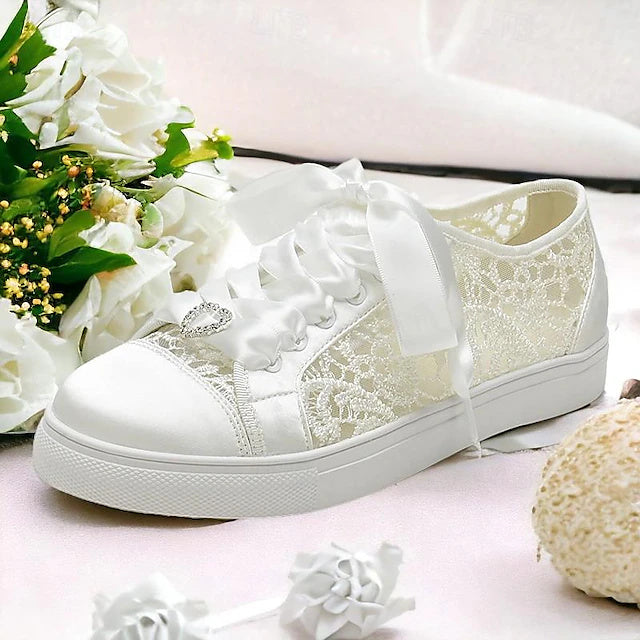 Women's Wedding Shoes  Satin Flower Lace-up Flat Heel Round Toe Sneakers Bridal Shoes