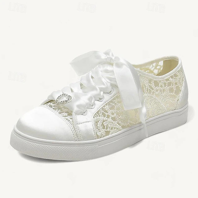 Women's Wedding Shoes  Satin Flower Lace-up Flat Heel Round Toe Sneakers Bridal Shoes