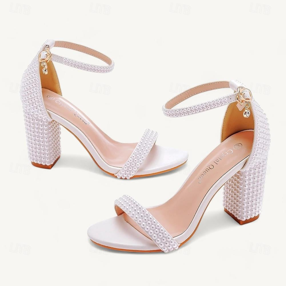 Women's Wedding Shoes Sparkling Sandals Imitation Pearl  Round Toe High Heel Wedding Heels Bridal Shoes