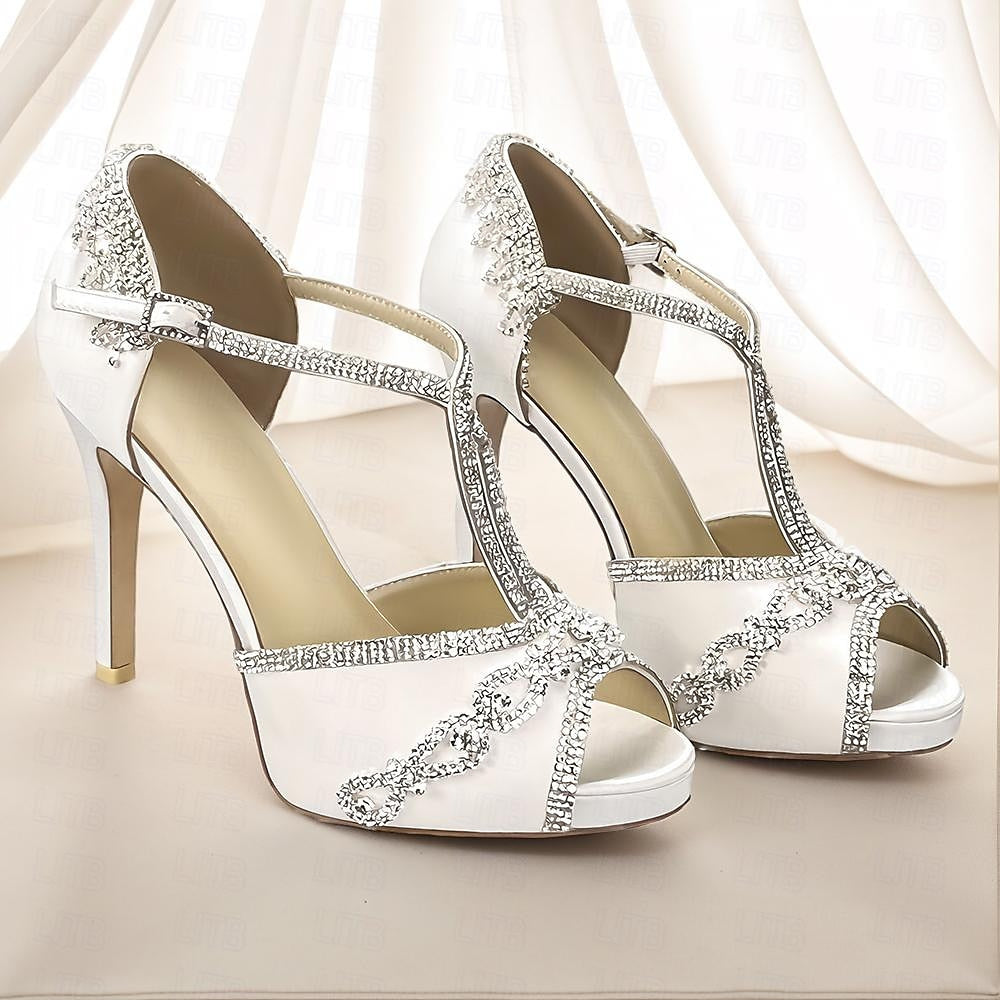 Women's Wedding Shoes Satin Flower Platform Stiletto Peep Toe Wedding Heels Bridal Shoes