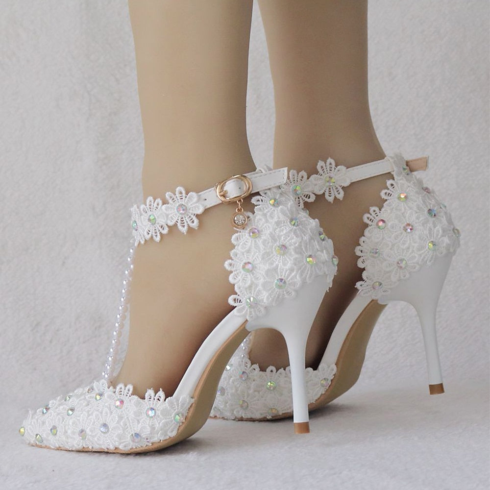 Women's Wedding Shoes Lace High Heel Pointed Toe Wedding Heels Bridal Shoes