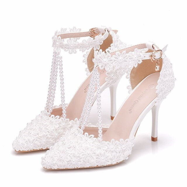 Women's Wedding Shoes Lace High Heel Pointed Toe Wedding Heels Bridal Shoes