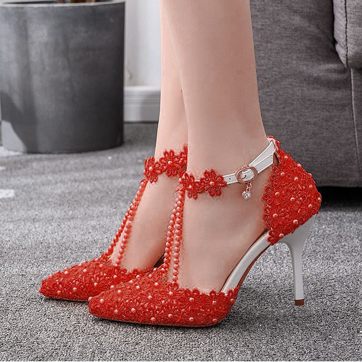 Women's Wedding Shoes Lace High Heel Pointed Toe Wedding Heels Bridal Shoes