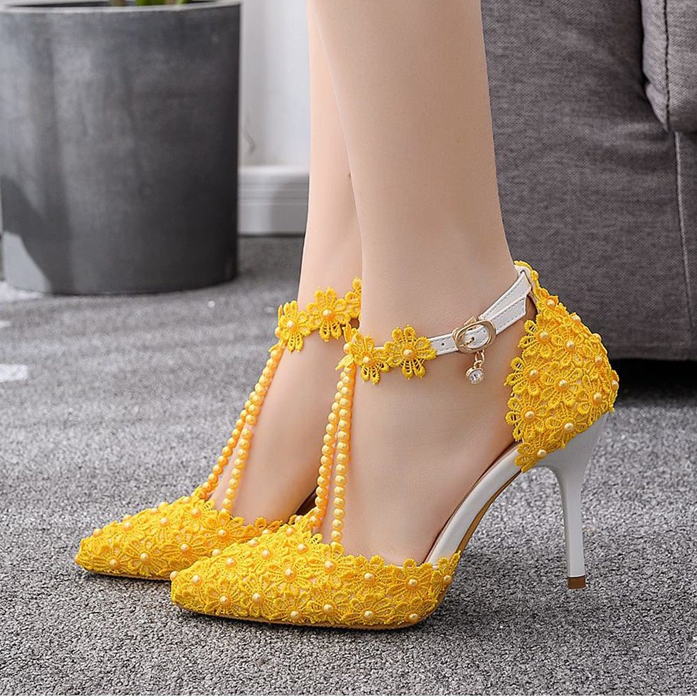 Women's Wedding Shoes Lace High Heel Pointed Toe Wedding Heels Bridal Shoes