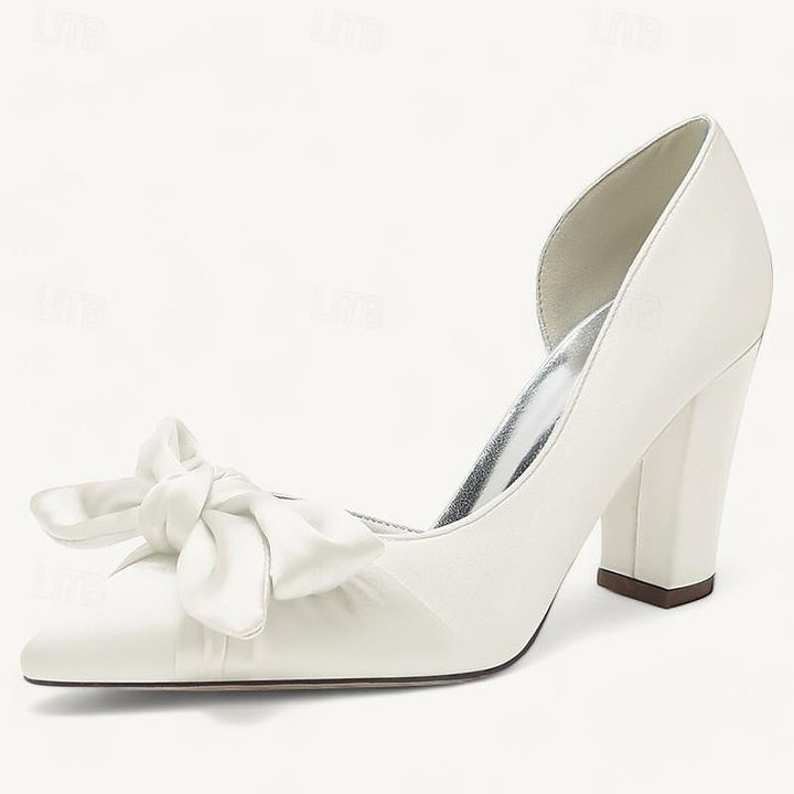 Women's Wedding Bowknot Chunky Heel Pointed Toe  Bridal Shoes