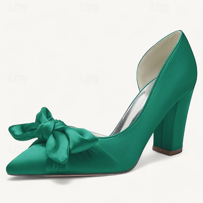 Women's Wedding Bowknot Chunky Heel Pointed Toe  Bridal Shoes