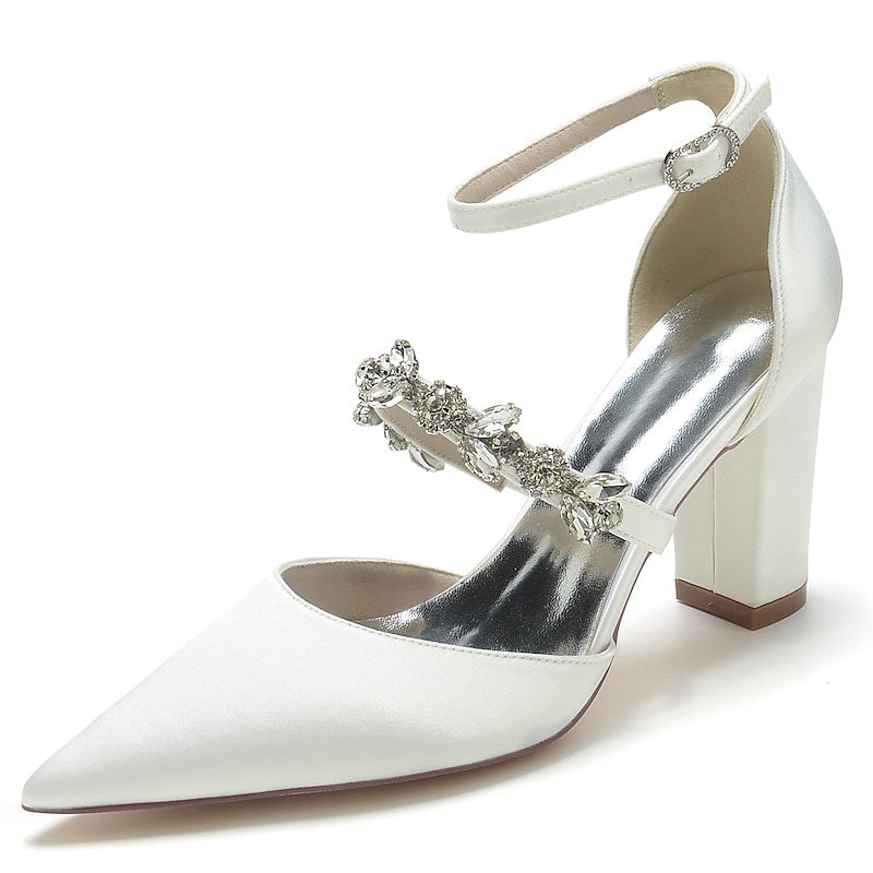 Women's Wedding Rhinestone Chunky Heel Pointed Toe Bridal Shoes