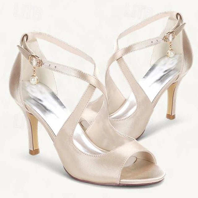 Women's Wedding  Shoes Pearl High Heel Open Toe Elegant Satin T-Strap Bridal Shoes