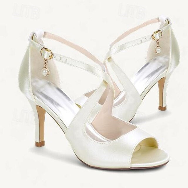 Women's Wedding  Shoes Pearl High Heel Open Toe Elegant Satin T-Strap Bridal Shoes