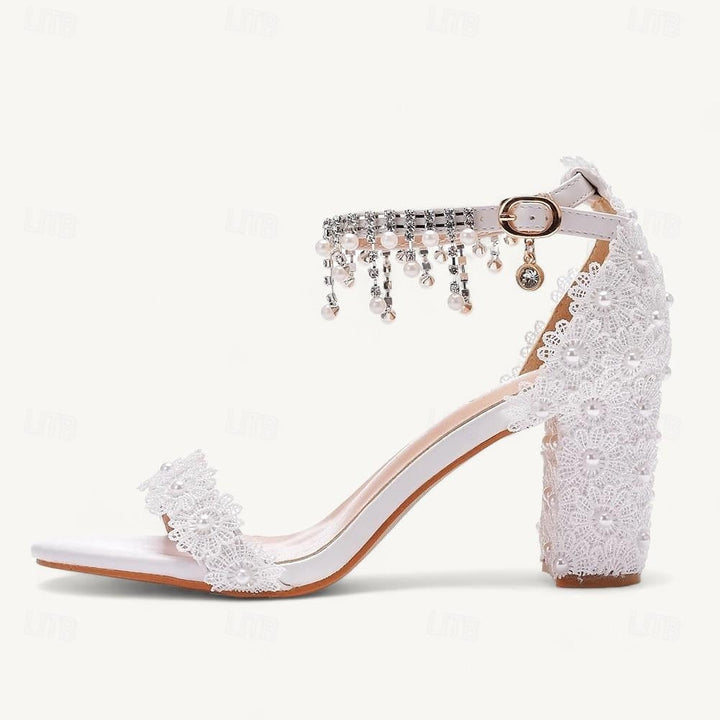 Women's Wedding  Shoes Sandals Crystal Tassel Block Heel Chunky Heel Round Toe Bridal Shoes