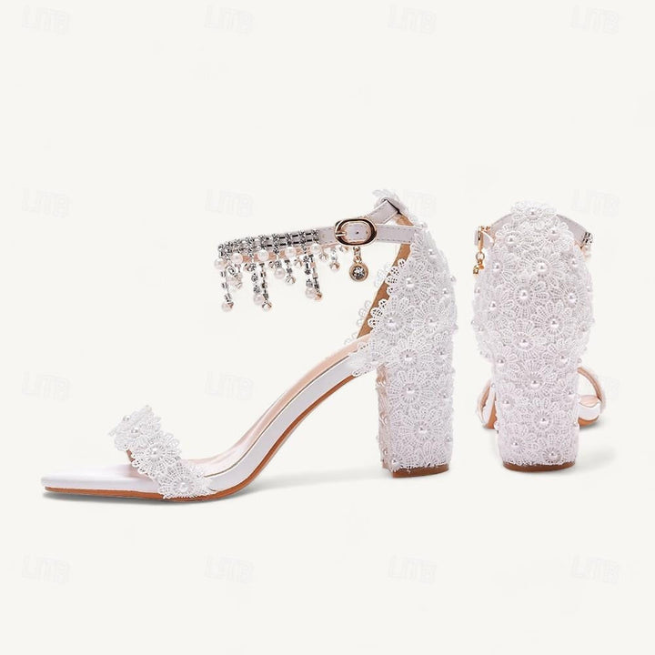 Women's Wedding  Shoes Sandals Crystal Tassel Block Heel Chunky Heel Round Toe Bridal Shoes