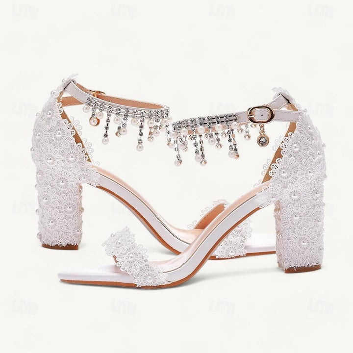 Women's Wedding  Shoes Sandals Crystal Tassel Block Heel Chunky Heel Round Toe Bridal Shoes