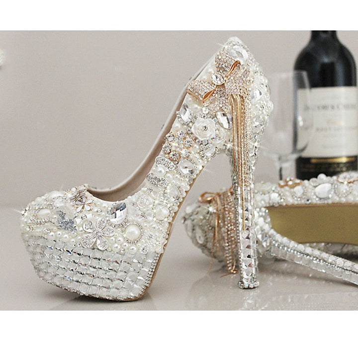 Women's Wedding Shoes Rhinestone Crystal Imitation Pearl Bowknot Tassel Stiletto High Heel Platform Closed Toe Bridal Shoes