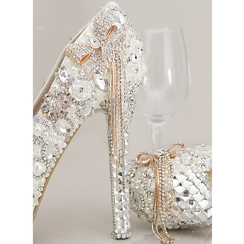 Women's Wedding Shoes Rhinestone Crystal Imitation Pearl Bowknot Tassel Stiletto High Heel Platform Closed Toe Bridal Shoes