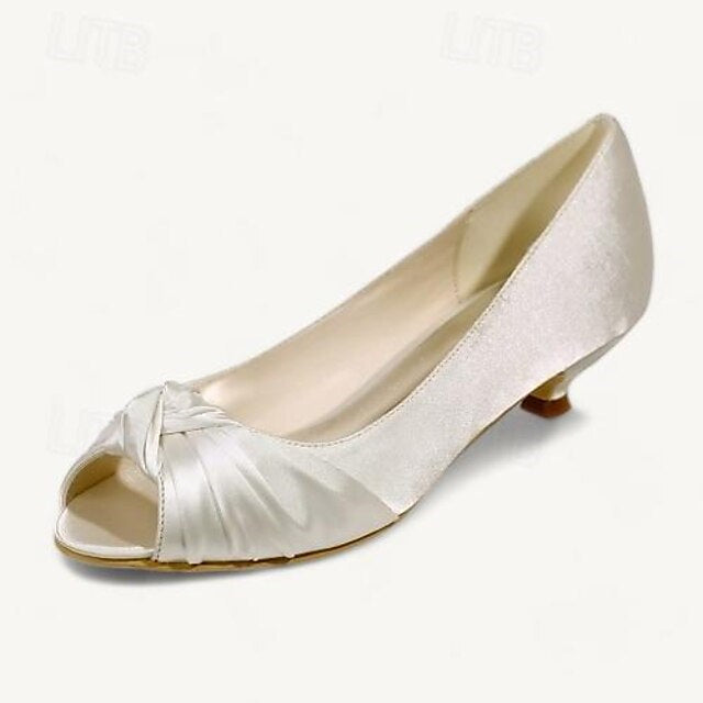 Women's Wedding Shoes Pumps Flats Bowknot Low Heel Peep Toe Bridal Shoes