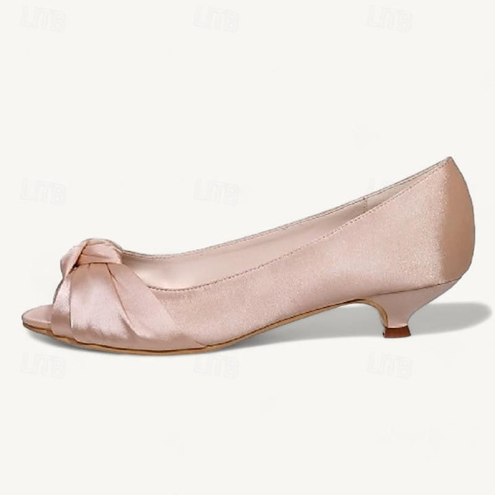 Women's Wedding Shoes Pumps Flats Bowknot Low Heel Peep Toe Bridal Shoes