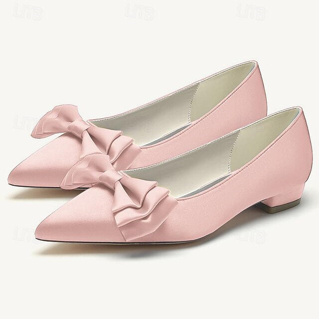 Women's Wedding Shoes Flats Dress Shoes Bowknot Low Heel Pointed Toe Bridal Shoes