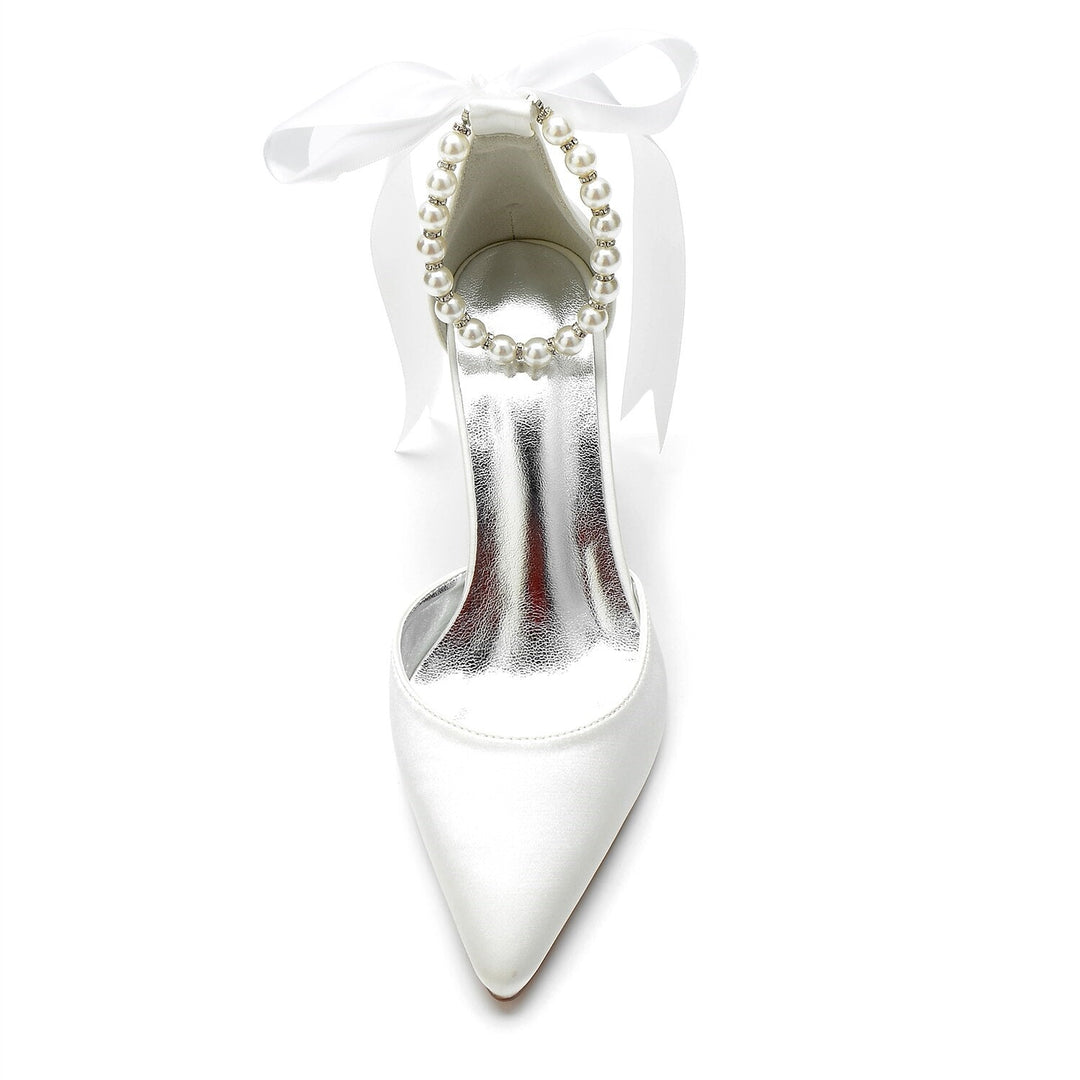 Women's Wedding Shoes Rhinestone Chunky Heel Pointed Toe Minimalism Satin Lace-up Bridal Shoes