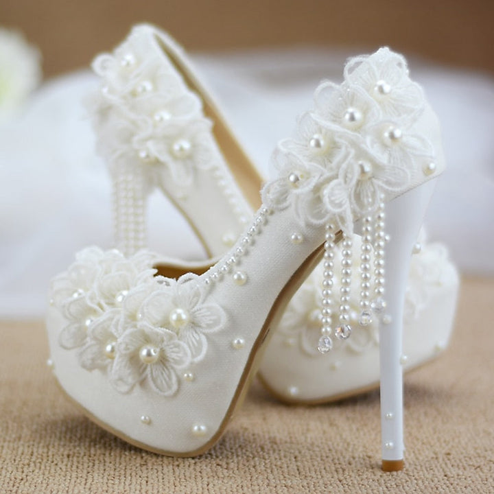 Women's Wedding Shoes Lace Flower Imitation Pearl Stiletto Heel Closed Toe Minimalism Satin Lace-up Bridal Shoes