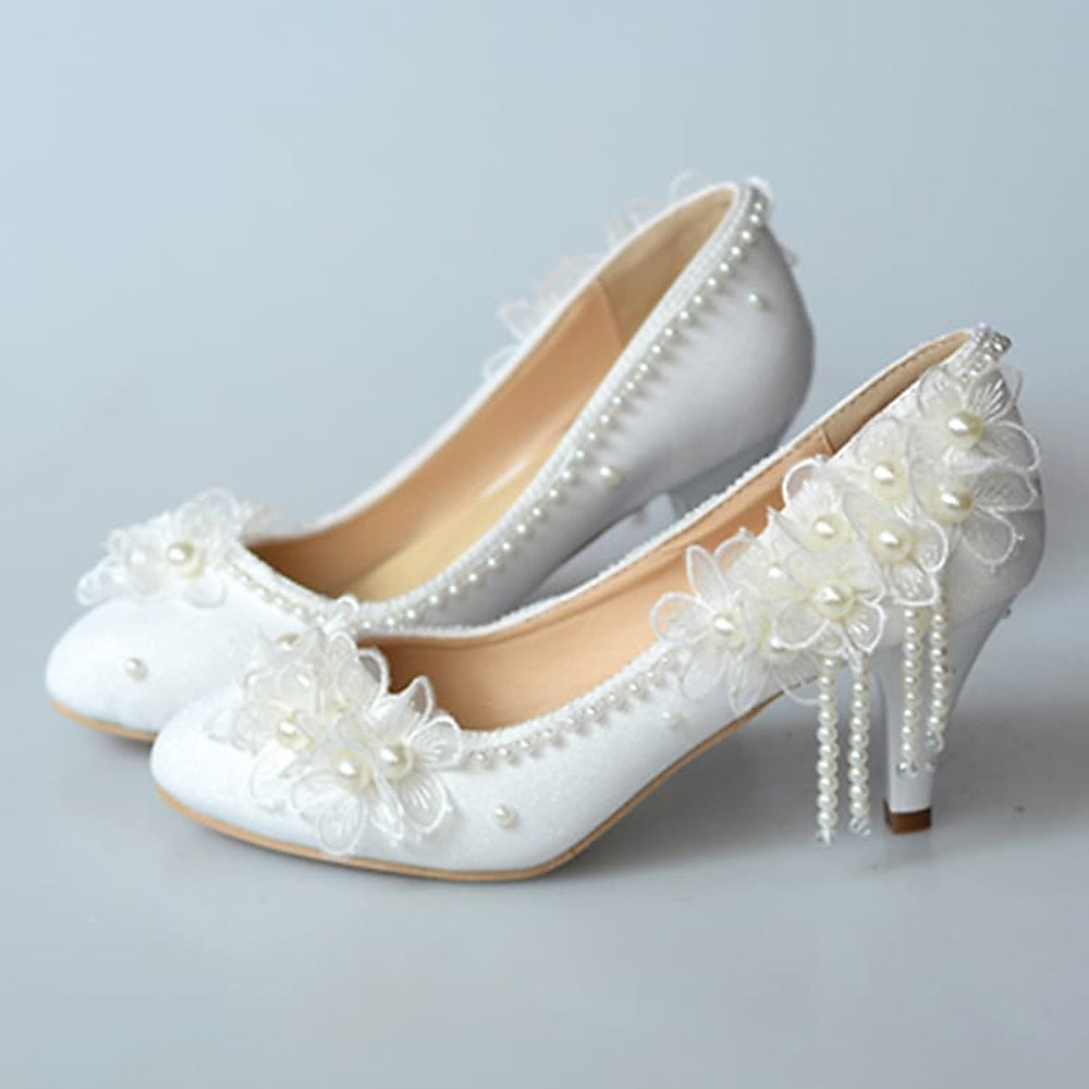 Women's Wedding Shoes Lace Flower Imitation Pearl Stiletto Heel Closed Toe Minimalism Satin Lace-up Bridal Shoes