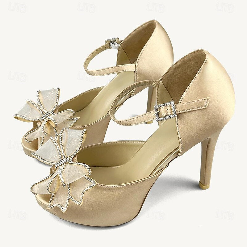 Women's Wedding Shoes Bowknot Stiletto Peep Toe Ankle Strap Bridal Shoes