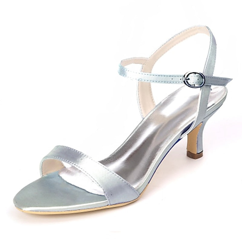 Women's Wedding Shoe Kitten Heel Open Toe Satin Buckle Bridal Shoes