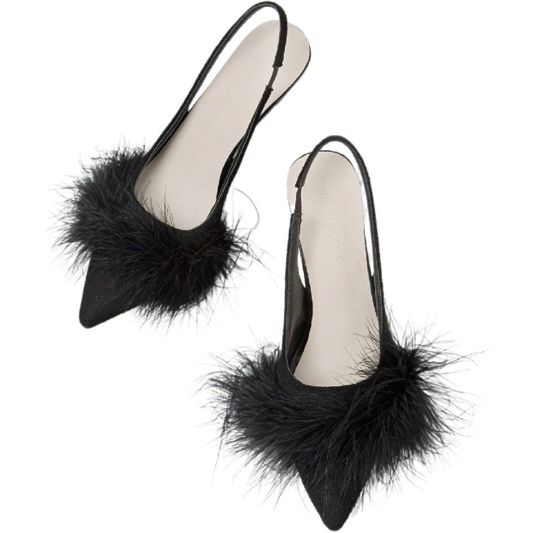 Women's Wedding Shoes Black Pointed Toe Low Heel Buckle Bridal Shoes with Feather