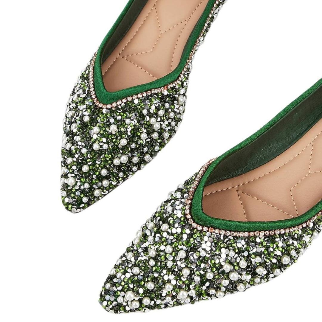 Women's Wedding Shoes Green Pointed Toe Flat Heel Bridal Shoes with Pearls