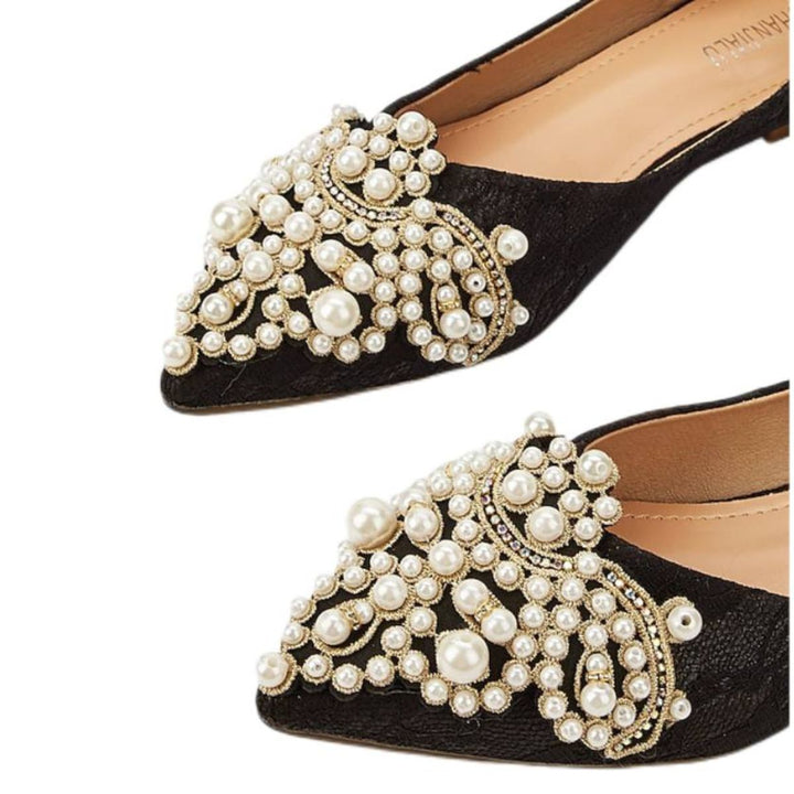 Women's Wedding Shoes Black Pointed Toe Lace Flat Heel Bridal Shoes with Pearls