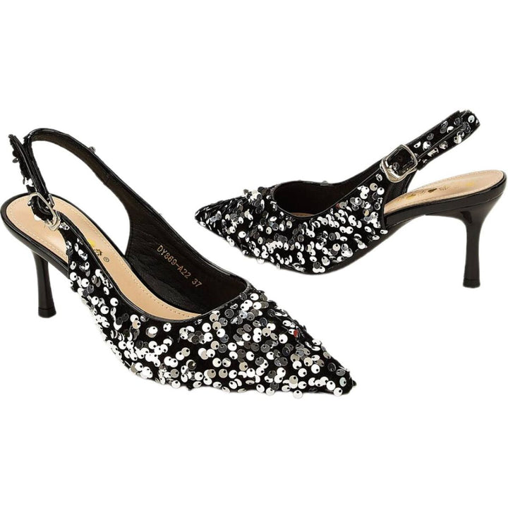 Women's Wedding Shoes Black Pointed Toe Stiletto Heel Bridal Shoes with Sequins