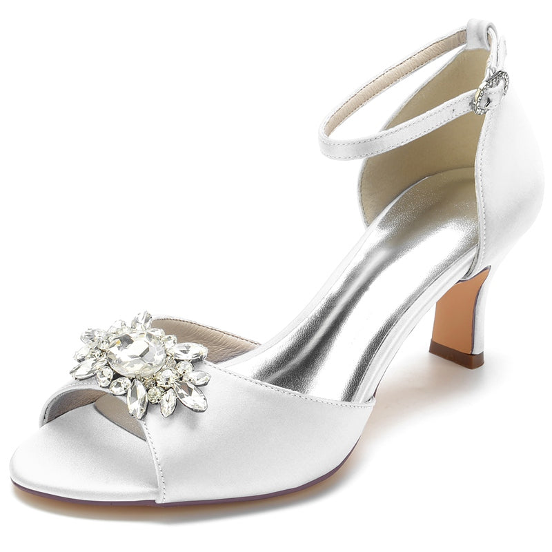Women's Wedding Shoes Opened Toe Block Heel Buckle Bridal Shoes with Rhinestone