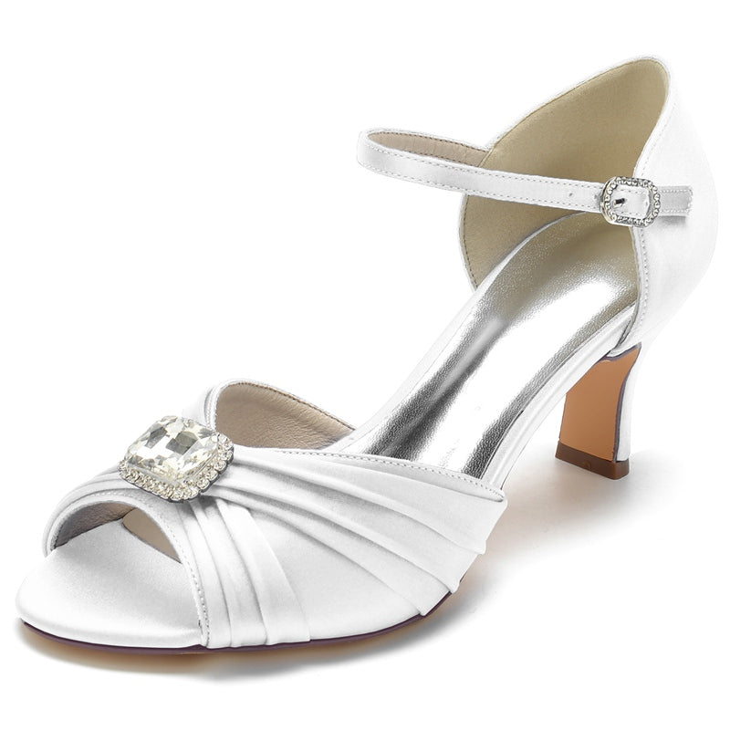 Women's Wedding Shoes Opened Toe Block Heel Buckle Bridal Shoes with Rhinestone & Ruffles