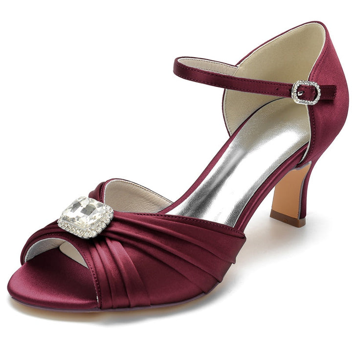 Women's Wedding Shoes Opened Toe Block Heel Buckle Bridal Shoes with Rhinestone & Ruffles