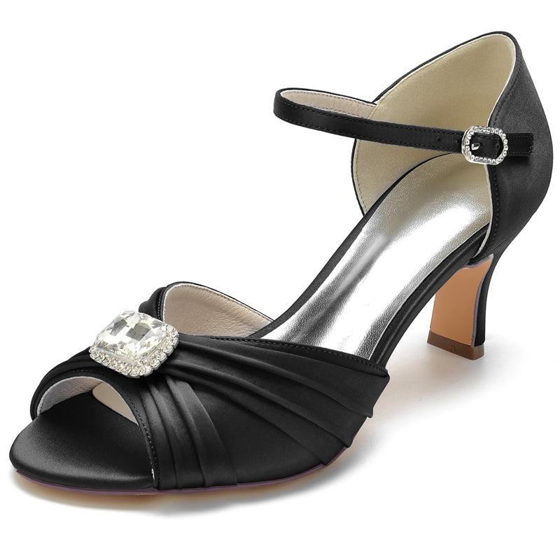 Women's Wedding Shoes Opened Toe Block Heel Buckle Bridal Shoes with Rhinestone & Ruffles