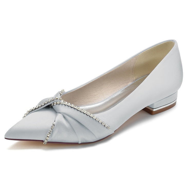 Women's Wedding Shoes Pointed Toe Flat Heel Comfortable Rhinestone Bridal Shoes with Crossed Knot