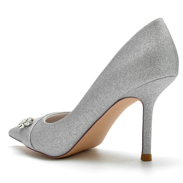 Women's Wedding Shoes Stretch Glitter Pointed Toe High Heel Bridal Shoes with Rhinestone