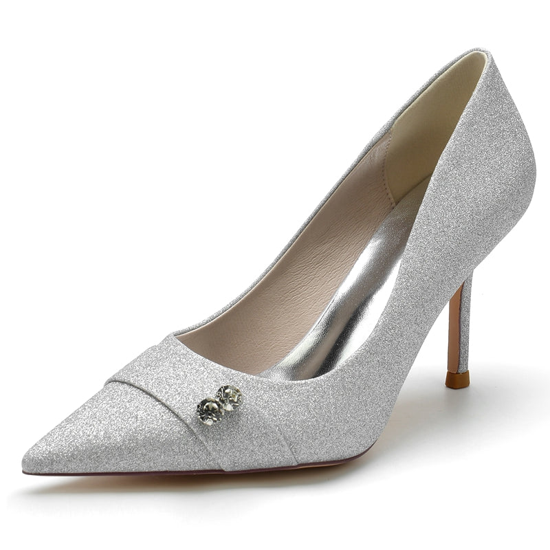 Women's Wedding Shoes Stretch Glitter Pointed Toe High Heel Bridal Shoes with Rhinestone