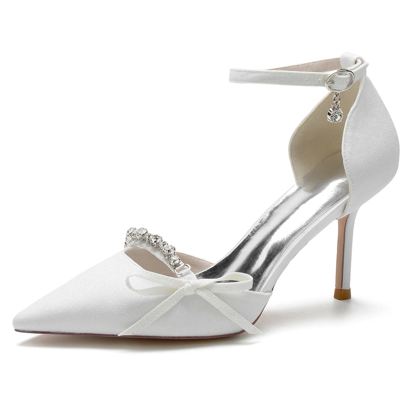 Women's Wedding Shoes Luxurious Pointed Toe Buckle Bridal Shoes with Rhinestone & Bow Knot