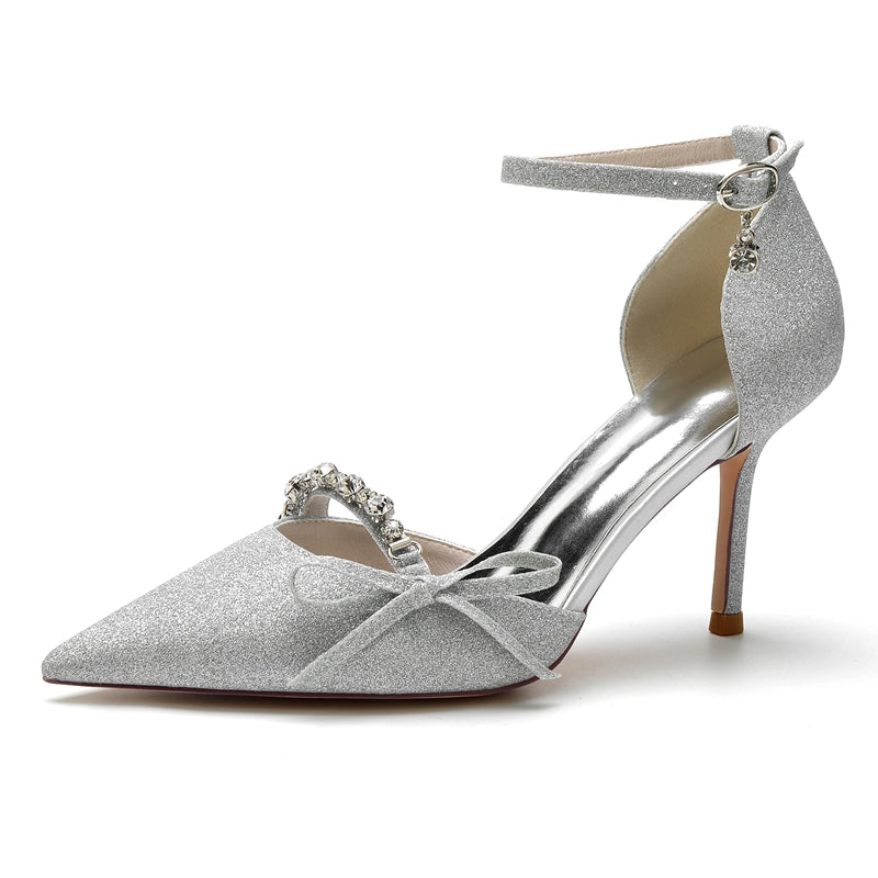 Women's Wedding Shoes Luxurious Pointed Toe Buckle Bridal Shoes with Rhinestone & Bow Knot