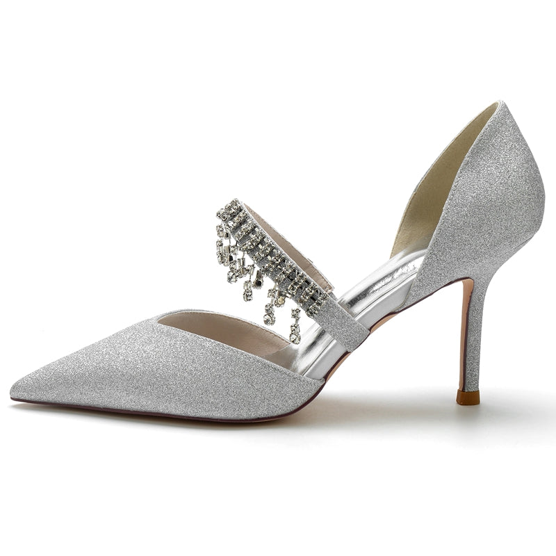 Women's Wedding Shoes Silver High-End Pointed Toe Bridal Shoes with Rhinestone