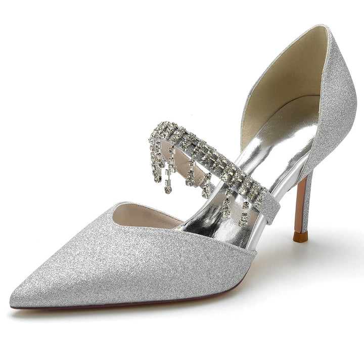 Women's Wedding Shoes Silver High-End Pointed Toe Bridal Shoes with Rhinestone