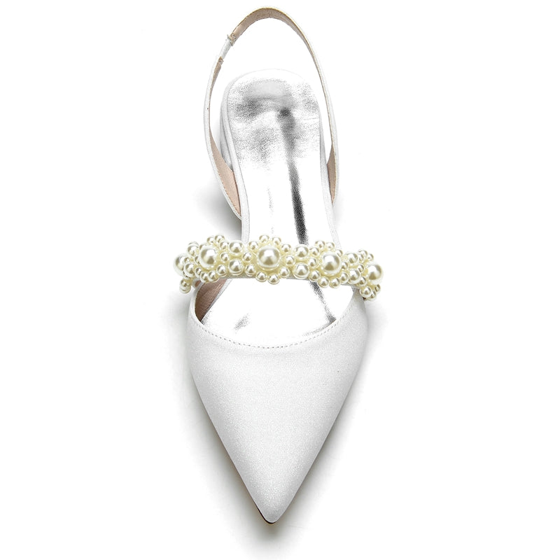 Women's Wedding Shoes Closed Toe Low Heel Sparkling Elegant Buckle Bridal Shoes with Pearls