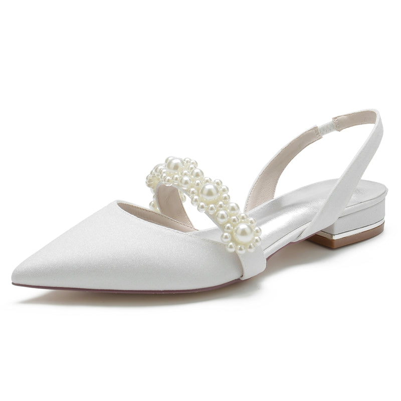 Women's Wedding Shoes Closed Toe Low Heel Sparkling Elegant Buckle Bridal Shoes with Pearls