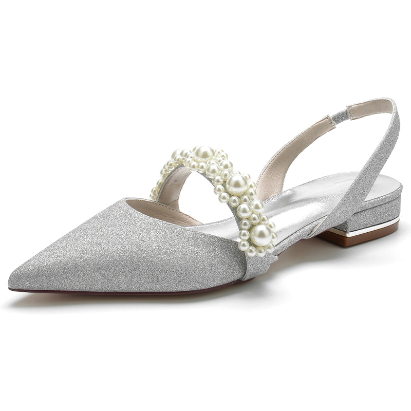 Women's Wedding Shoes Closed Toe Low Heel Sparkling Elegant Buckle Bridal Shoes with Pearls